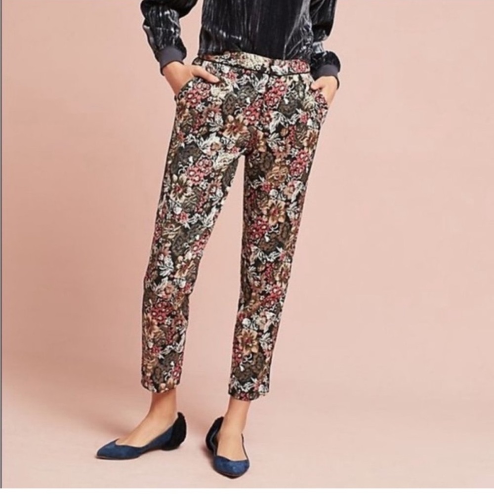 Anthropologie Maeve Jacquard Metallic Floral Pants